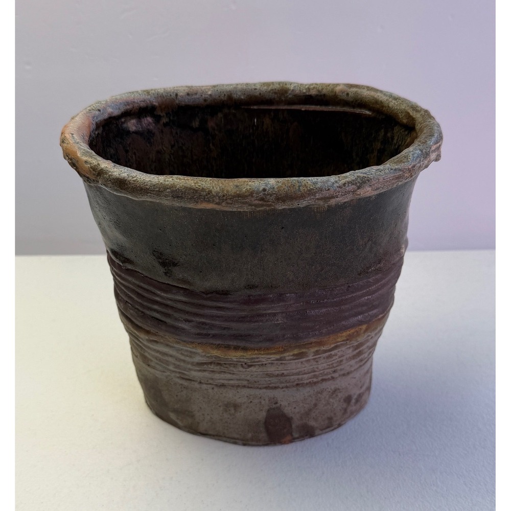 Studio Pottery Oval Vase Brown Earth Tone Wabi Sabi Brutalist Organic Handbuilt